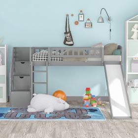 Stairway Twin Size Loft Bed with Two Drawers and Slide (Color: Gray)