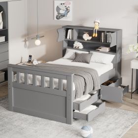 Twin Size Captain Platform Bed Frame with Storage Bookcases and Shelves,Four Drawers (Color: Gray)